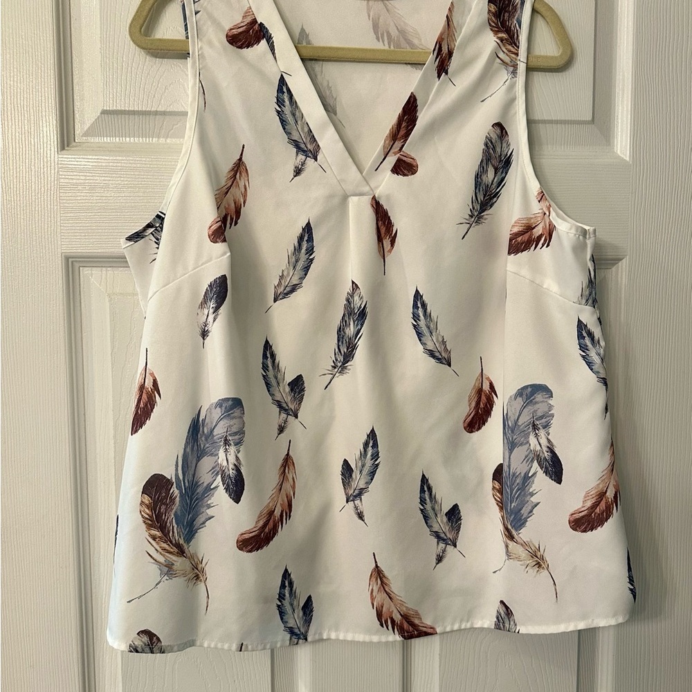 EMORY ROSE 1XL Ivory Brown Blue Feather Feathers Print Blouse - Picture 2 of 8